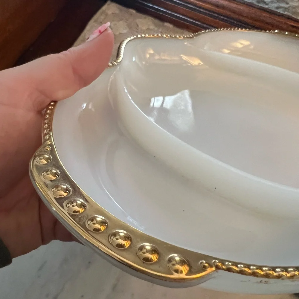 FIRE KING Milk‎ Glass White & Gold Divided Relish Dish Tray Approx. 11in. Wide
